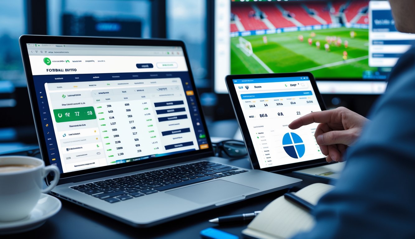 Seseorang sedang menganalisis data taruhan bola di depan laptop dan tablet dengan pertandingan sepak bola yang sedang berlangsung di layar besar di belakangnya.