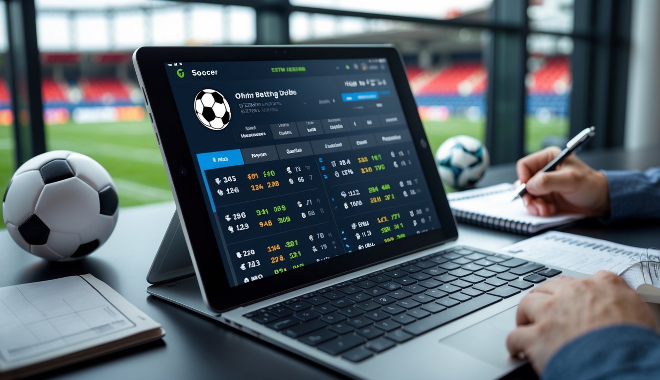 Seorang pria sedang melihat layar perangkat dengan data taruhan sepak bola dan bola berada di dekatnya di ruangan yang terang.