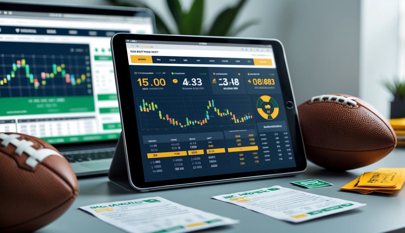 Seseorang menggunakan tablet yang menampilkan peluang taruhan sepak bola resmi dengan bola dan laptop di meja.