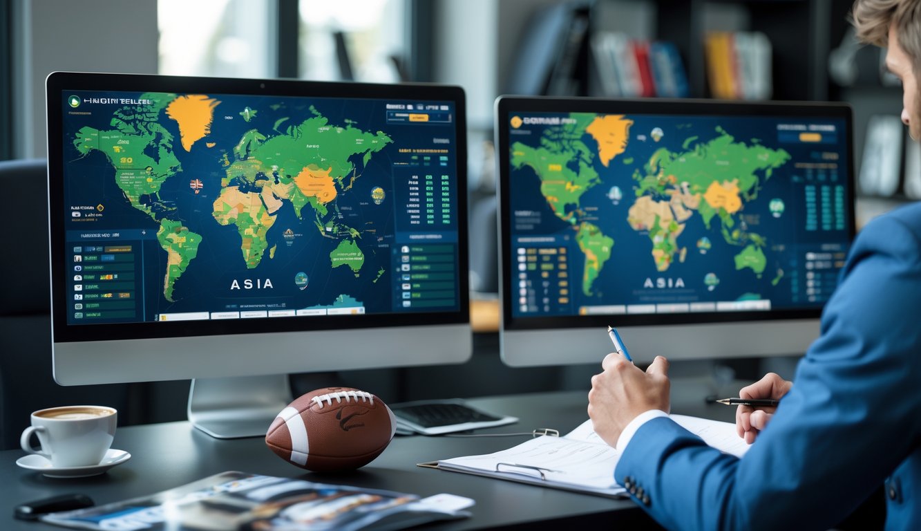 Seorang pria sedang menganalisis data taruhan sepak bola di depan dua monitor yang menampilkan peta Asia dan Eropa dengan statistik taruhan.