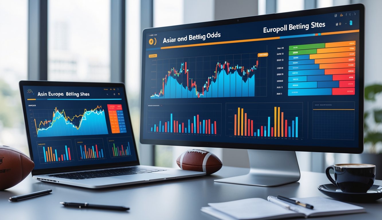 Meja kerja dengan laptop dan monitor menampilkan grafik perbandingan odds taruhan bola dari Asia dan Eropa, dilengkapi bola sepak, kopi, dan catatan di lingkungan kantor yang terang.