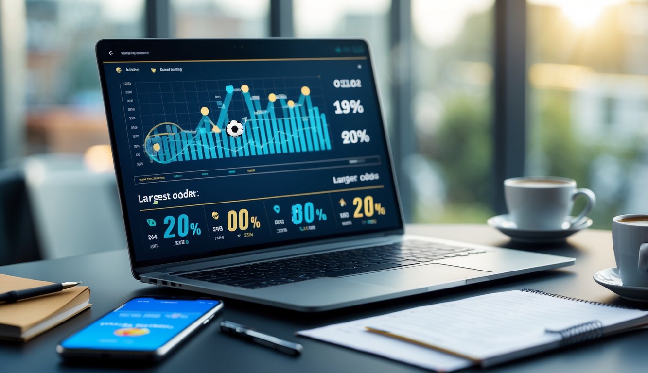 Seorang profesional menggunakan laptop yang menampilkan data taruhan bola online dengan grafik dan angka peluang besar, di meja kerja dengan ponsel dan alat tulis.