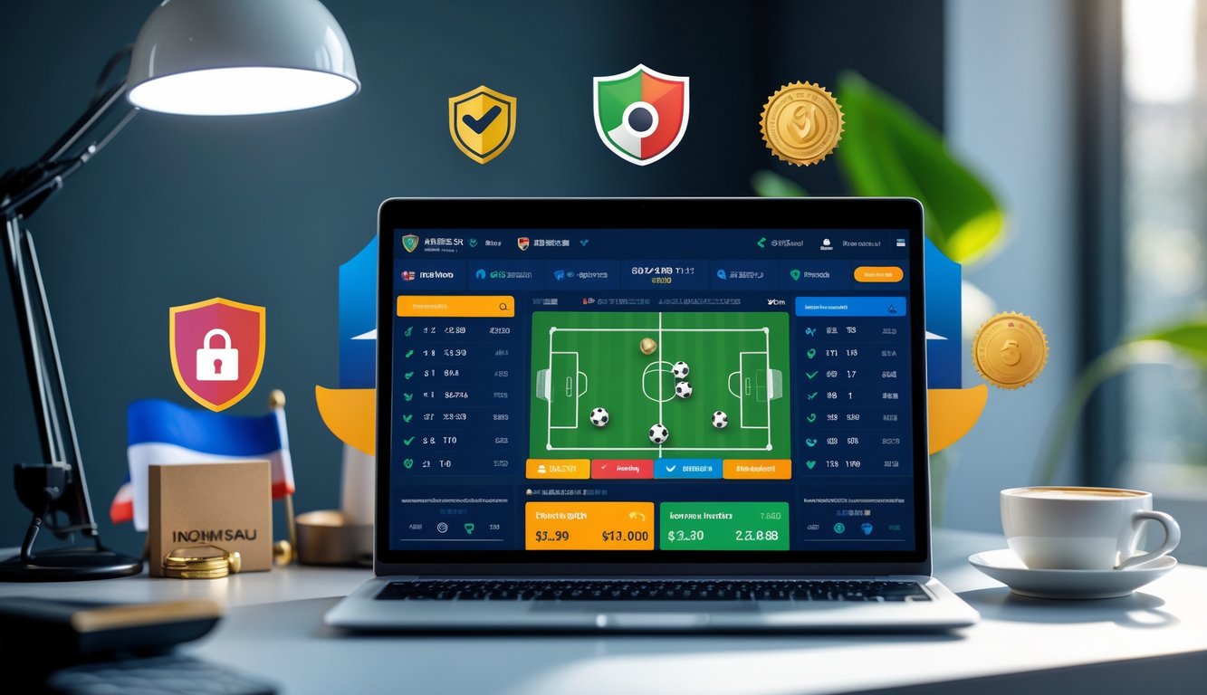 Seorang pria menggunakan laptop di meja kerja dengan tampilan antarmuka taruhan sepak bola online yang cerah dan modern, dikelilingi simbol keamanan dan bendera kecil Indonesia.