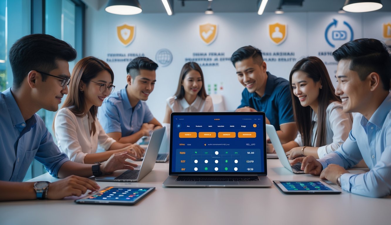 Sekelompok orang muda menggunakan perangkat digital untuk taruhan bola online di ruang kantor modern.