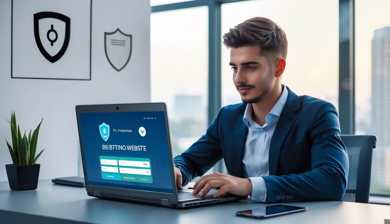 Seorang pria muda duduk di depan laptop di kantor modern, sedang menggunakan situs taruhan bola online yang aman dan resmi.