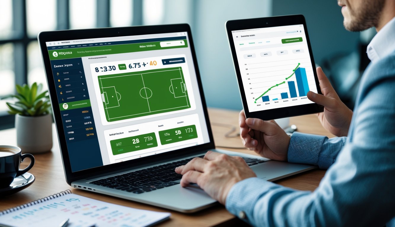 Seorang profesional sedang bekerja di meja dengan laptop dan tablet yang menampilkan data taruhan bola online, di ruang kantor yang terang dan rapi.