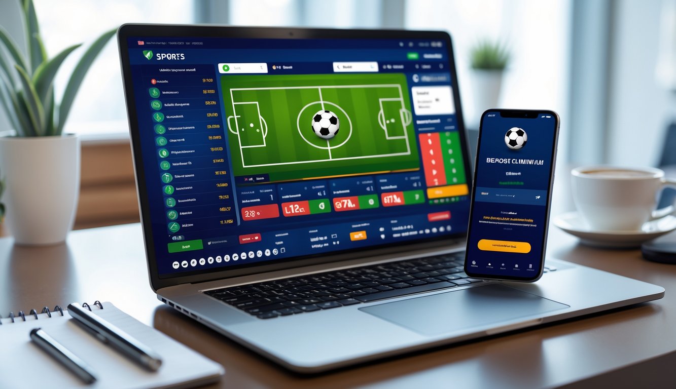Seorang pengguna melihat layar laptop dan ponsel yang menampilkan situs judi bola online dengan informasi taruhan dan konfirmasi deposit.
