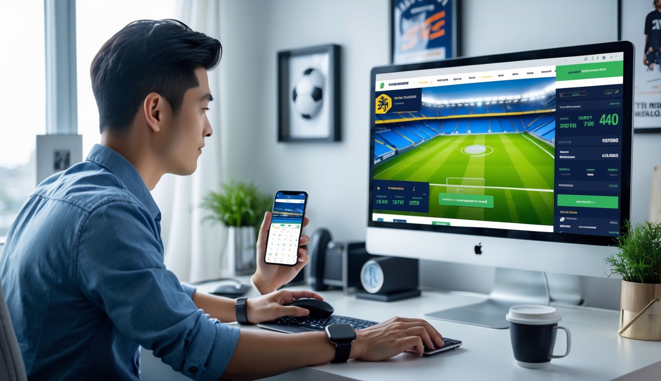 Seorang pria muda sedang duduk di depan komputer dengan tampilan situs judi bola online resmi di layar, menggunakan ponsel di tangan, di ruang kerja yang terang dan rapi.