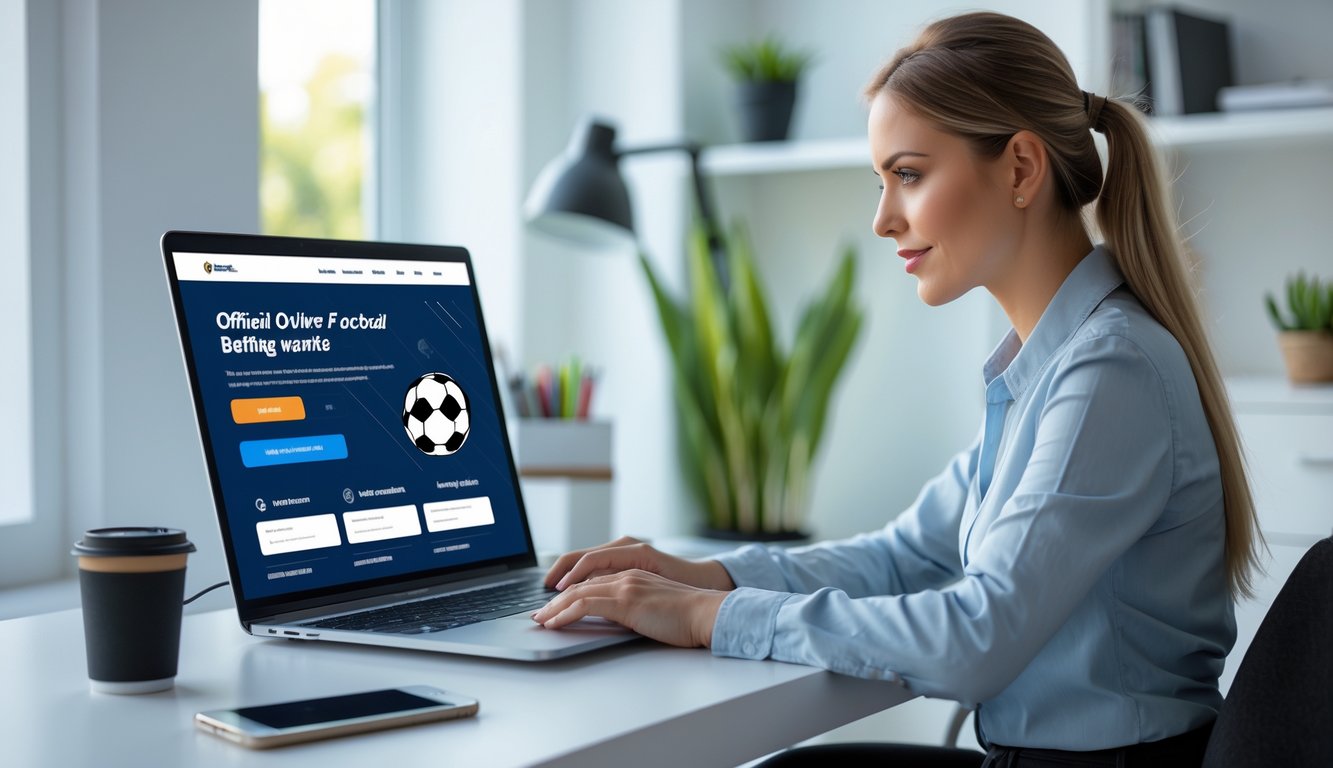 Seorang wanita muda sedang duduk di meja modern menggunakan laptop untuk mendaftar taruhan bola online resmi dengan suasana ruangan yang terang dan rapi.