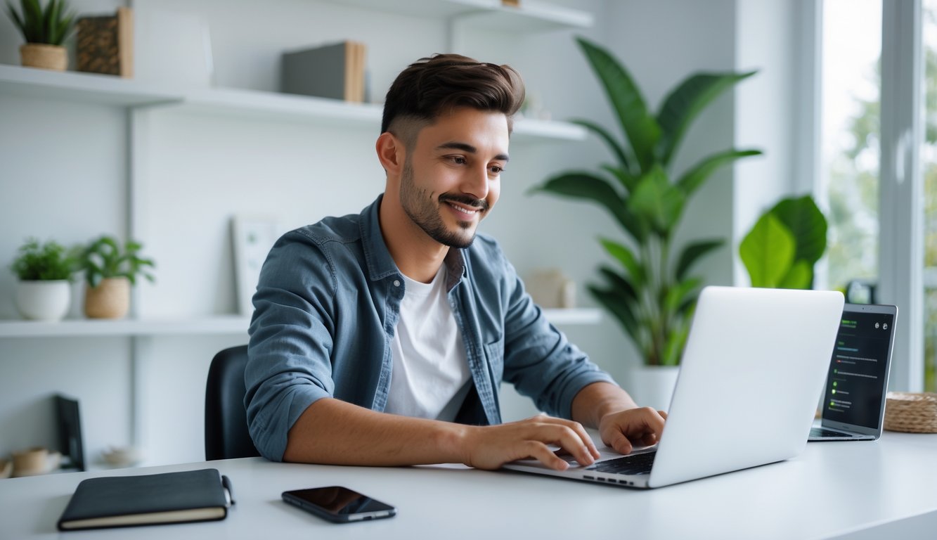 Seorang pria muda duduk di meja dengan laptop dan ponsel, tampak fokus dan santai di ruang kerja rumah yang terang dan rapi.