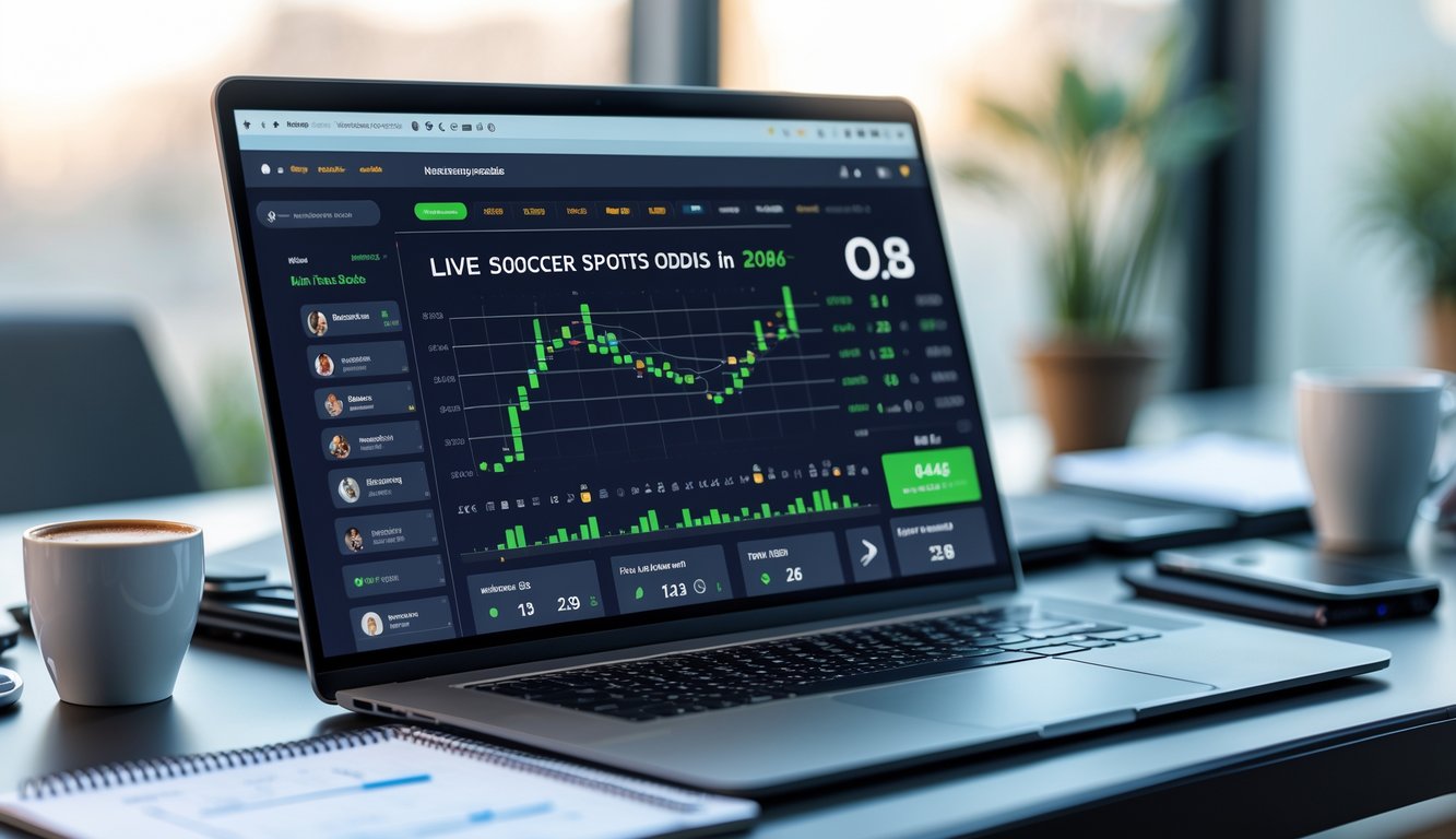Seorang pria menggunakan laptop di meja kerja dengan tampilan grafik dan statistik taruhan sepak bola online di layar.