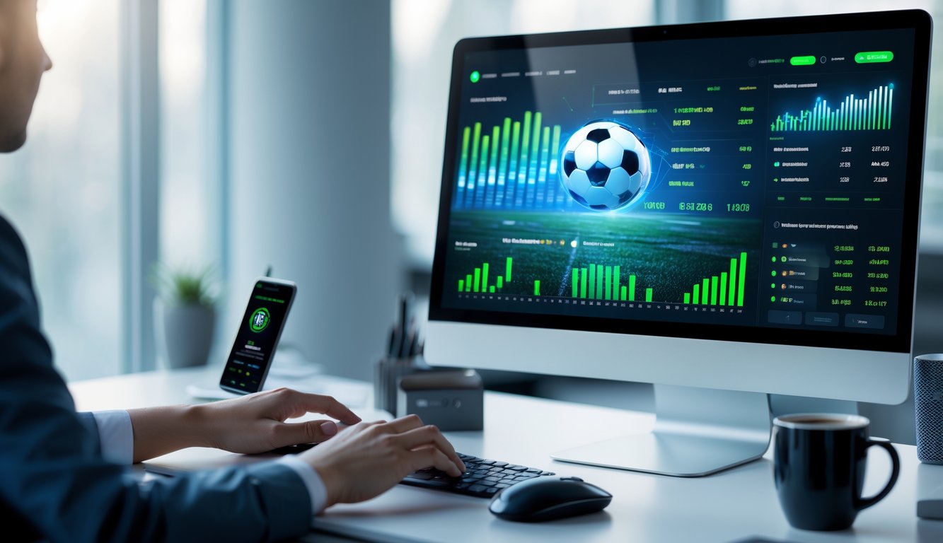 Seorang pengguna sedang bekerja di depan komputer dengan tampilan grafik taruhan bola online dan statistik di layar.