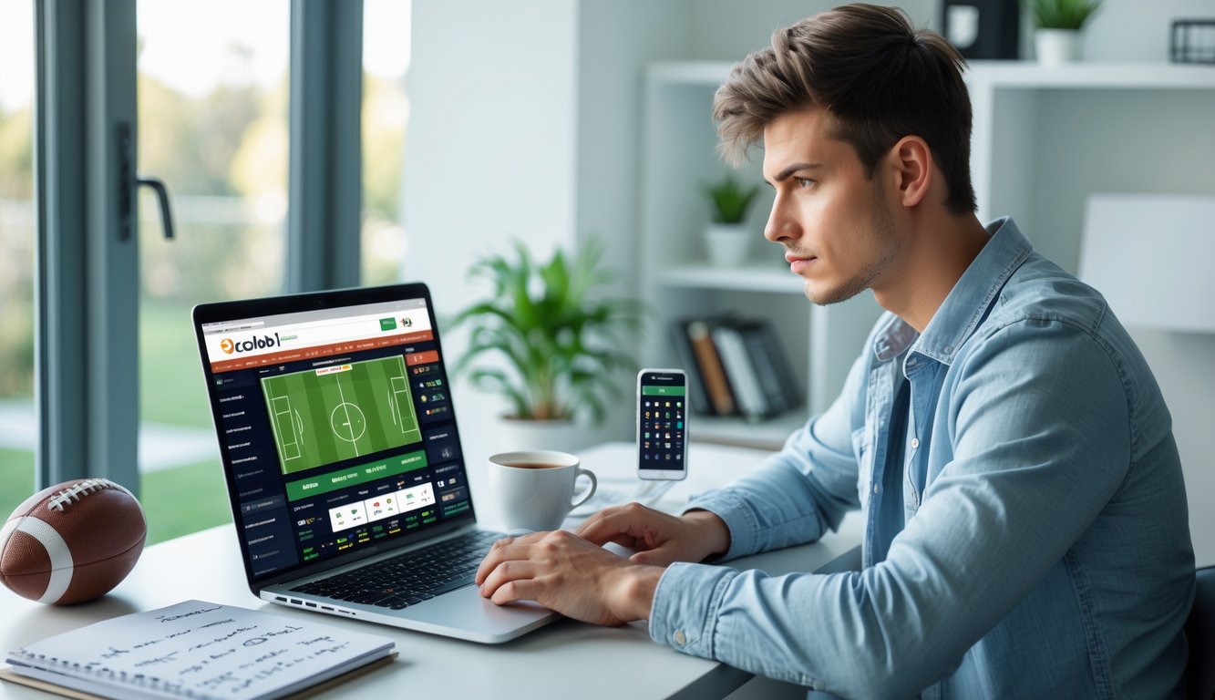 Seorang pria muda duduk di meja dengan laptop yang menampilkan situs taruhan bola online, tampak fokus dan serius, di ruang kerja rumah yang terang dengan cahaya alami.