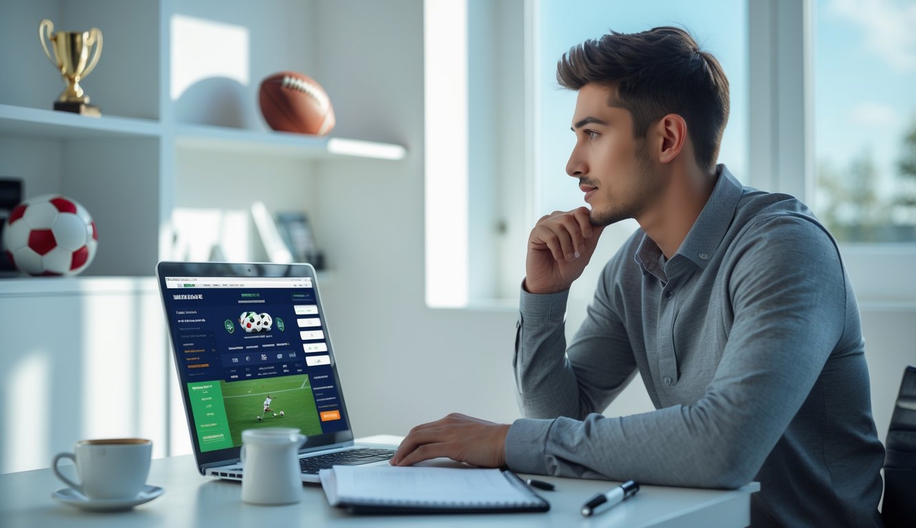 Seorang pria muda duduk di meja dengan laptop, fokus melihat situs taruhan bola online, di sekitarnya terdapat cangkir kopi dan catatan, dengan dekorasi bola dan trofi di latar belakang.