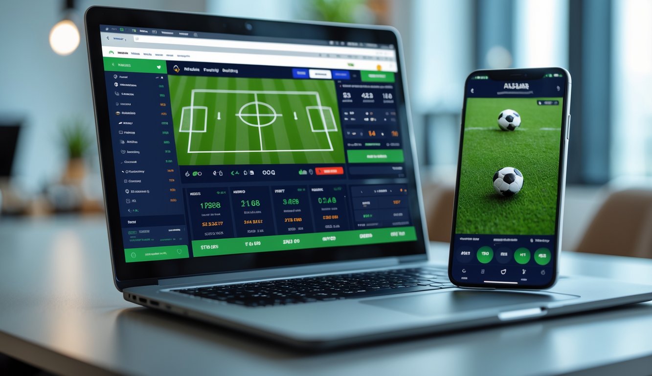 Seorang pria menggunakan laptop dan ponsel untuk taruhan bola online di meja kerja dengan ikon pembayaran digital dan simbol keamanan di latar belakang.