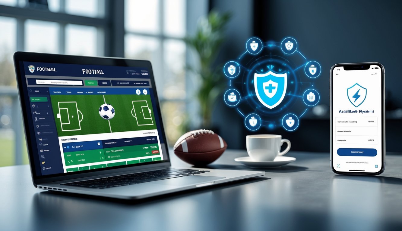 Seorang profesional menggunakan laptop dan ponsel untuk taruhan bola online dengan sistem pembayaran cepat dan aman di meja kerja.