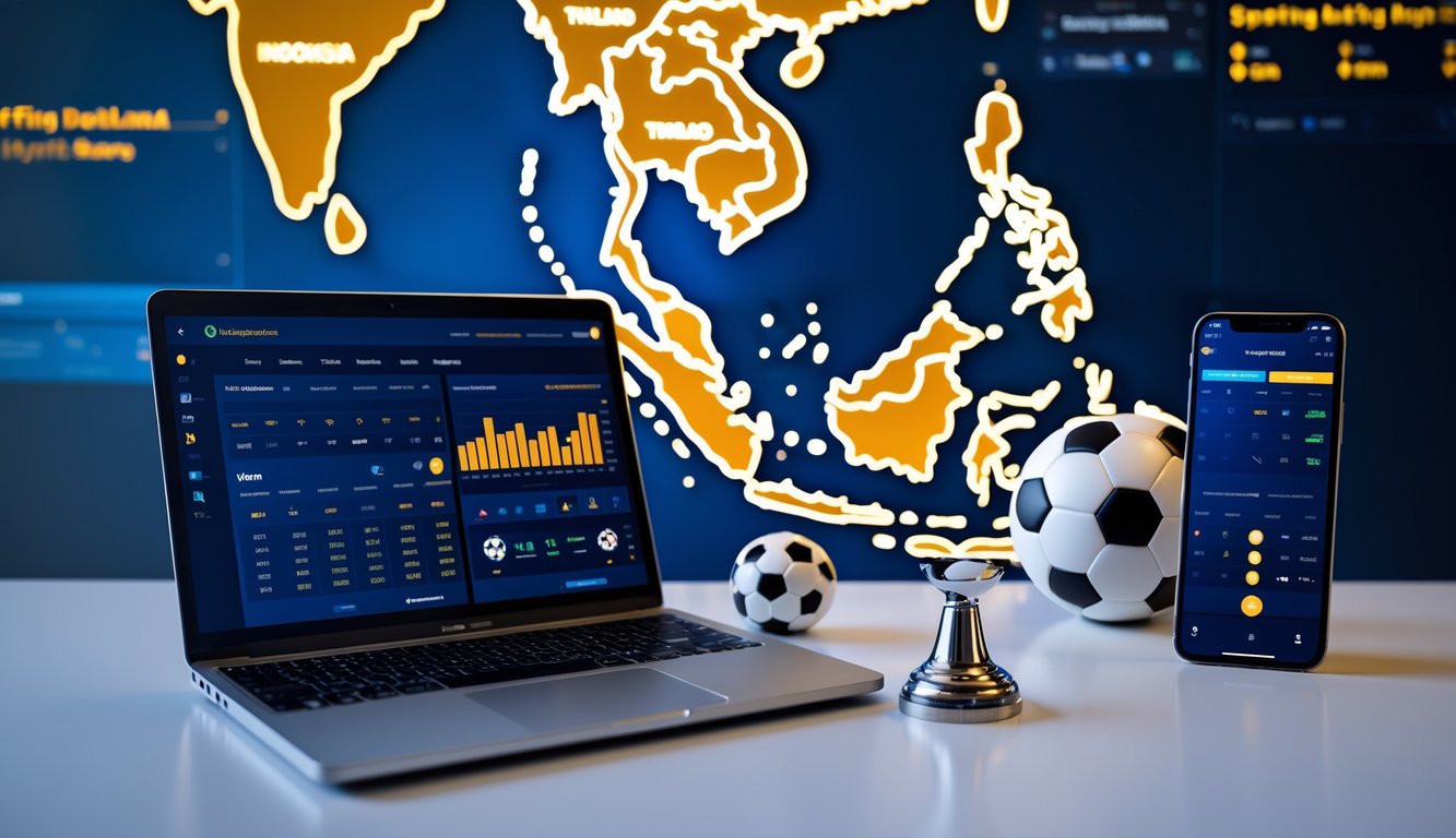 Meja kerja modern dengan laptop dan ponsel yang menampilkan antarmuka taruhan sepak bola, peta Asia Tenggara di latar belakang, dan beberapa perlengkapan sepak bola di atas meja.