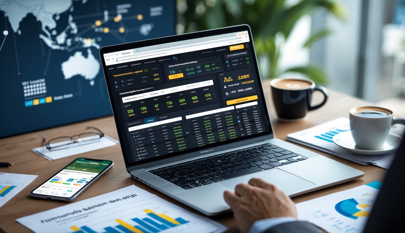 Meja kerja modern dengan laptop, ponsel menampilkan pertandingan sepak bola, dan dokumen statistik yang menunjukkan analisis situs taruhan bola online di Asia Tenggara.