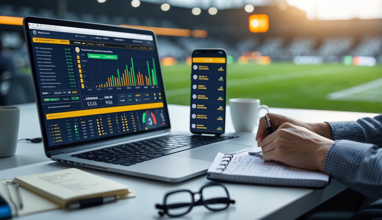 Meja kerja dengan laptop, ponsel, dan catatan strategi taruhan bola online yang menunjukkan analisis dan fokus.