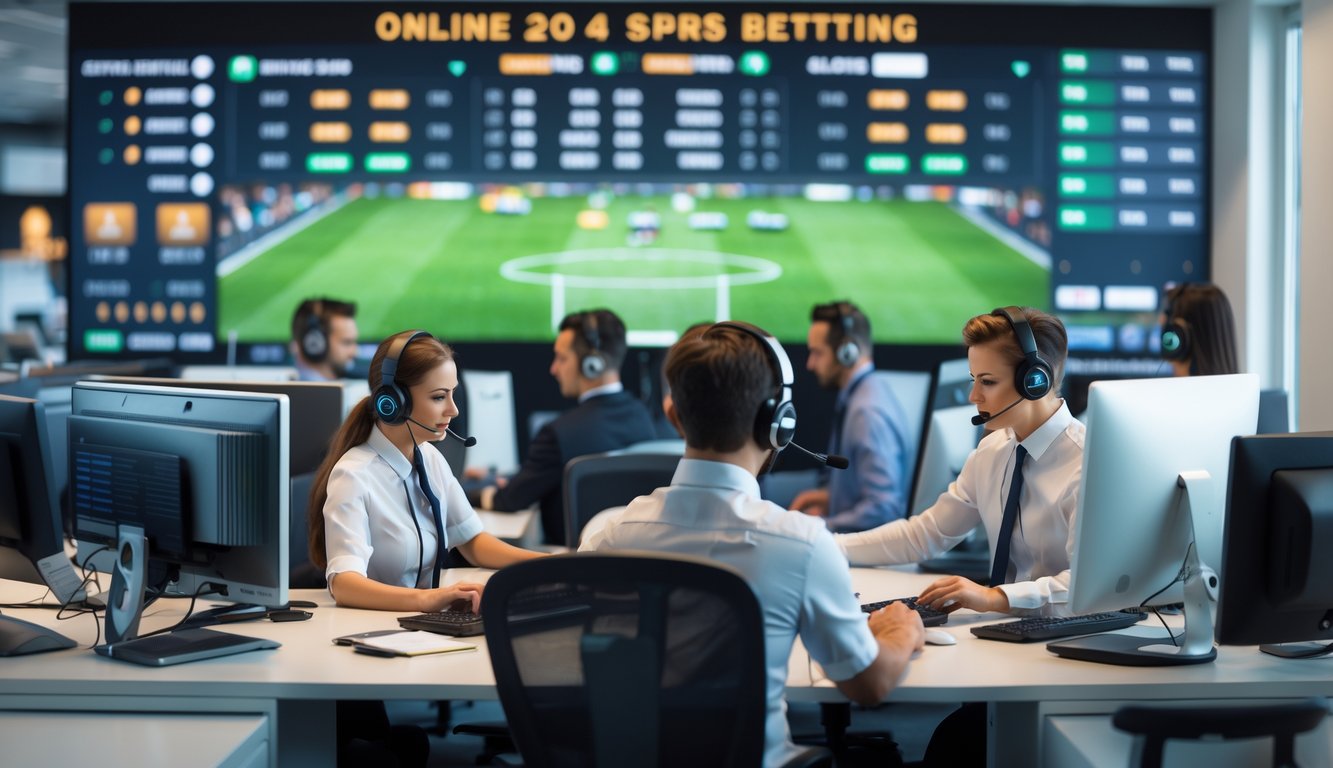 Tim layanan pelanggan sedang bekerja di kantor modern dengan layar komputer menampilkan pertandingan sepak bola dan data taruhan.