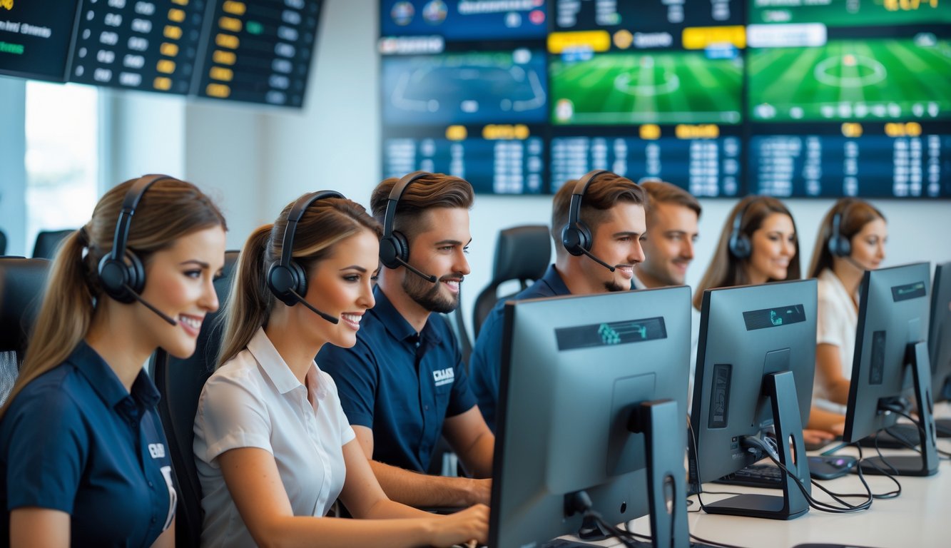 Seorang tim layanan pelanggan yang ramah sedang bekerja di pusat layanan dengan komputer dan monitor menampilkan statistik pertandingan sepak bola.