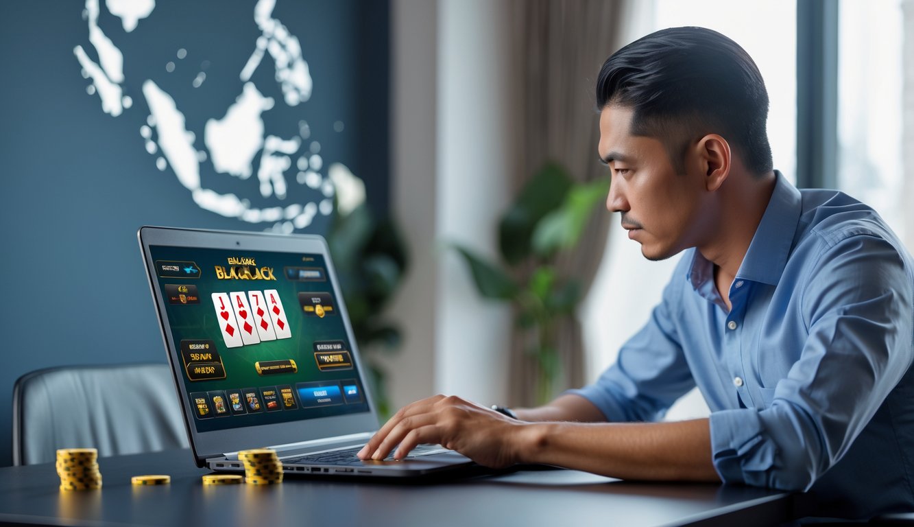 Seorang pria Indonesia duduk di depan laptop yang menampilkan permainan blackjack online, terlihat fokus di ruangan yang terang.