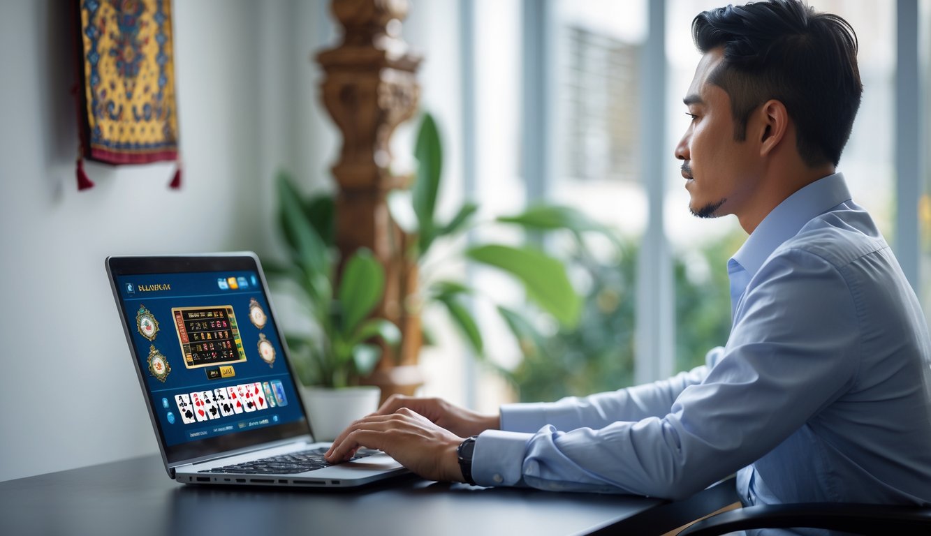 Seorang pria Asia Tenggara duduk di depan laptop bermain blackjack online dengan latar belakang dekorasi tradisional Indonesia.