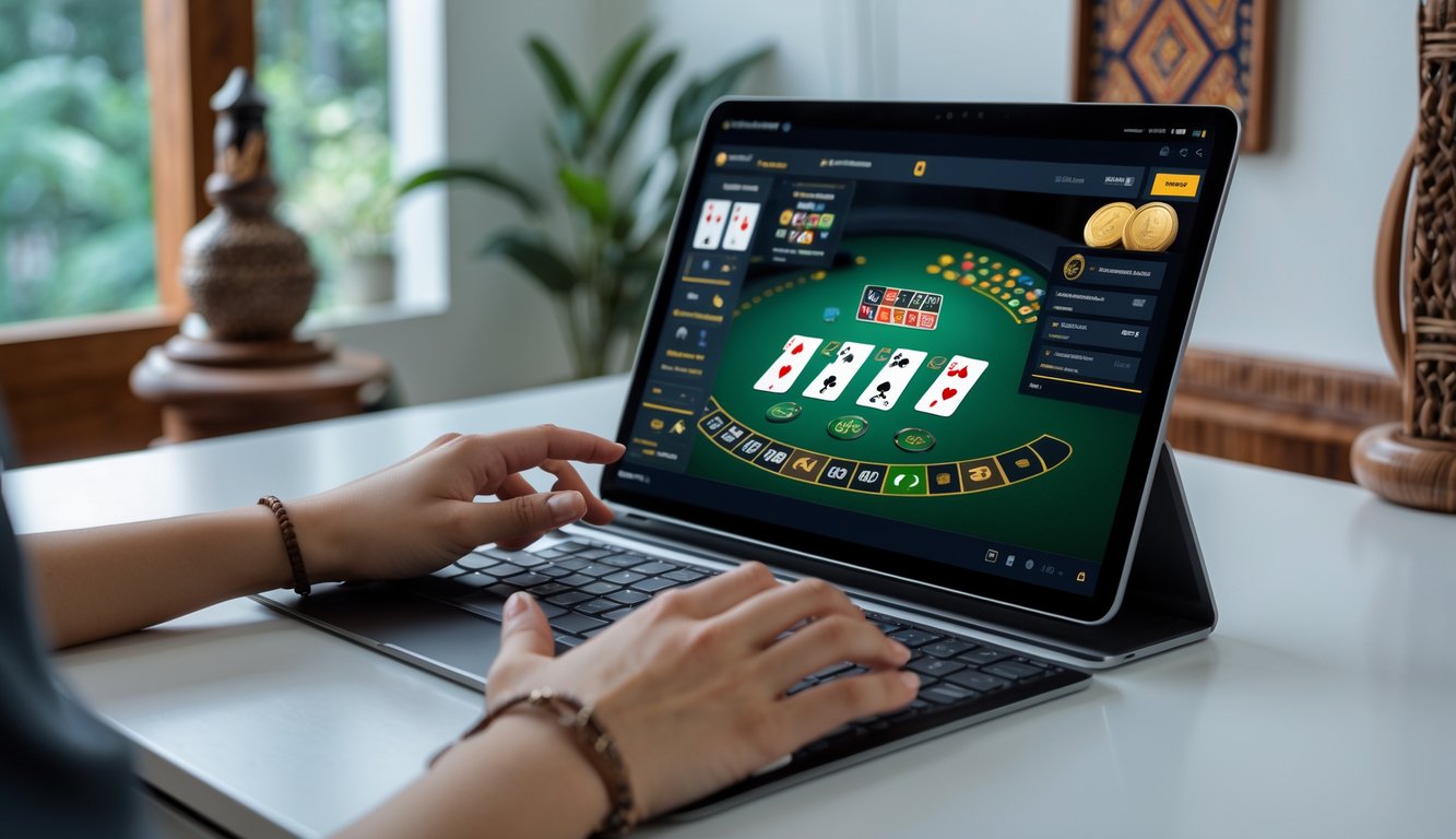 Seseorang menggunakan laptop dengan permainan blackjack online di layar, di meja kerja yang rapi dengan dekorasi khas Indonesia.