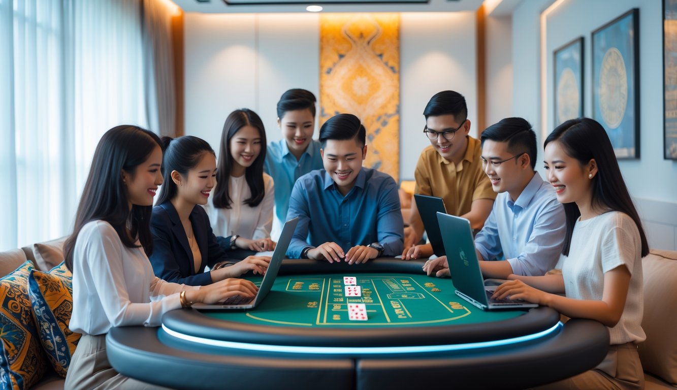 Beberapa orang muda bermain blackjack online bersama di sebuah ruangan modern dengan layar besar menampilkan permainan kartu.