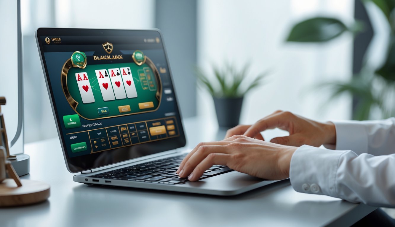 Seseorang sedang bermain blackjack online di laptop di meja kerja yang rapi dengan latar belakang yang menunjukkan suasana fokus dan percaya diri.