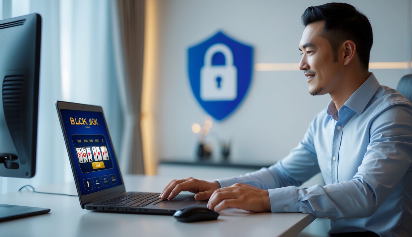 Seorang pria sedang bermain blackjack online di laptop di meja komputer dalam ruangan yang terang dan rapi.