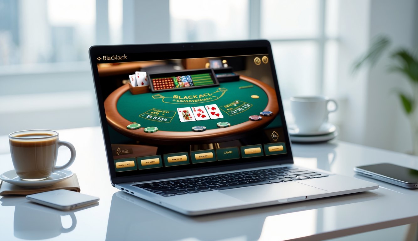 Seorang pengguna sedang bermain blackjack online di laptop di ruang kerja yang rapi dan terang.