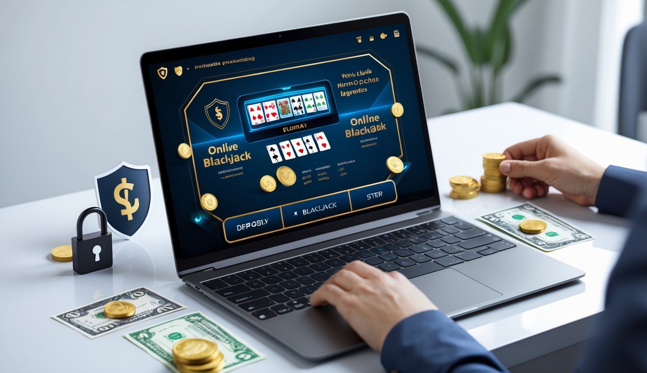 Seorang pria menggunakan laptop dengan tampilan permainan blackjack online yang aman dan terpercaya, di meja kerja yang rapi dengan simbol keamanan dan uang rupiah di sekitar.