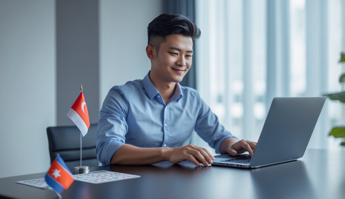 Seorang pria muda Indonesia duduk di meja dengan laptop, fokus bermain blackjack online di ruangan yang terang dan rapi.