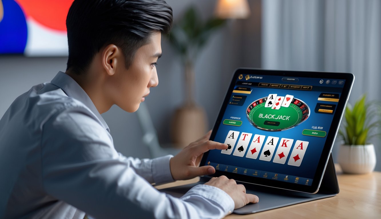 Seorang pemain muda fokus bermain blackjack online menggunakan tablet di lingkungan modern dengan dekorasi kecil yang mewakili Indonesia.