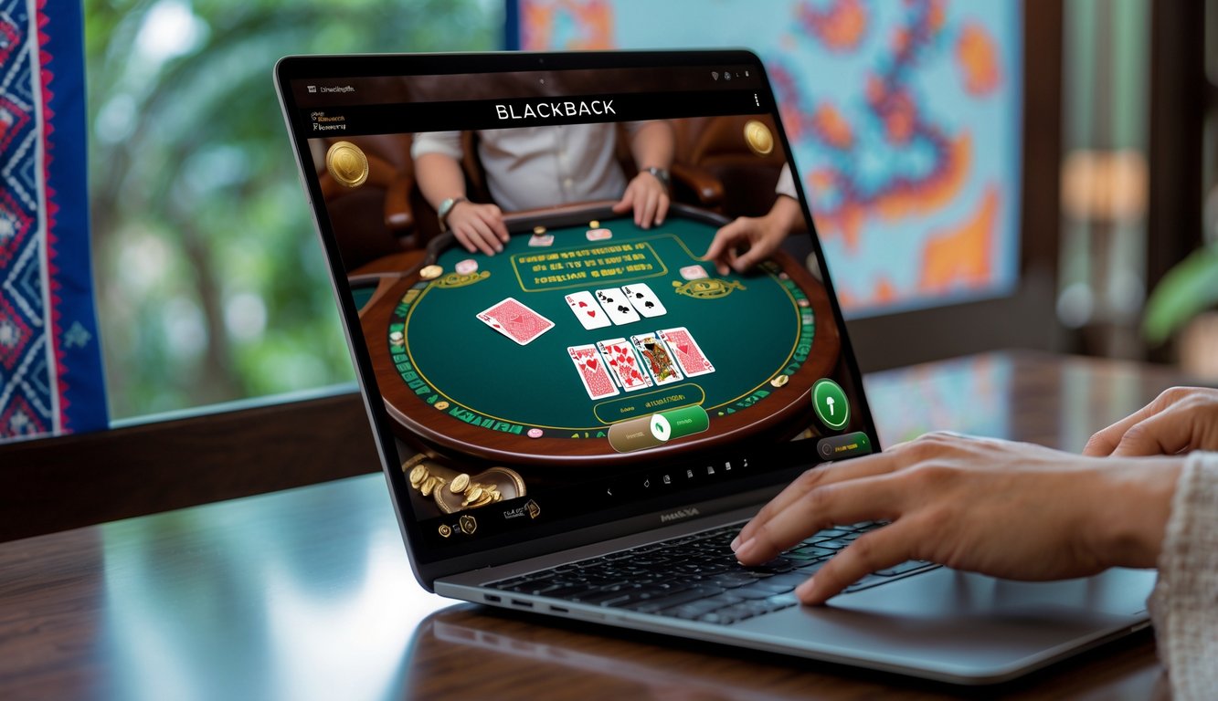 Seseorang bermain blackjack online di komputer dengan latar belakang elemen budaya Indonesia.