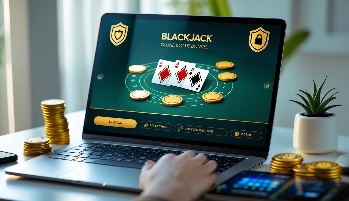 Sebuah laptop menampilkan permainan blackjack online dengan kartu dan chip di layar, dikelilingi oleh elemen yang melambangkan keamanan dan kepercayaan, di atas meja kerja yang rapi.