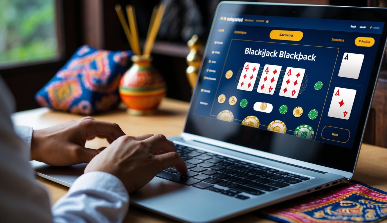 Seseorang menggunakan laptop untuk bermain blackjack online dengan latar belakang elemen budaya Indonesia.