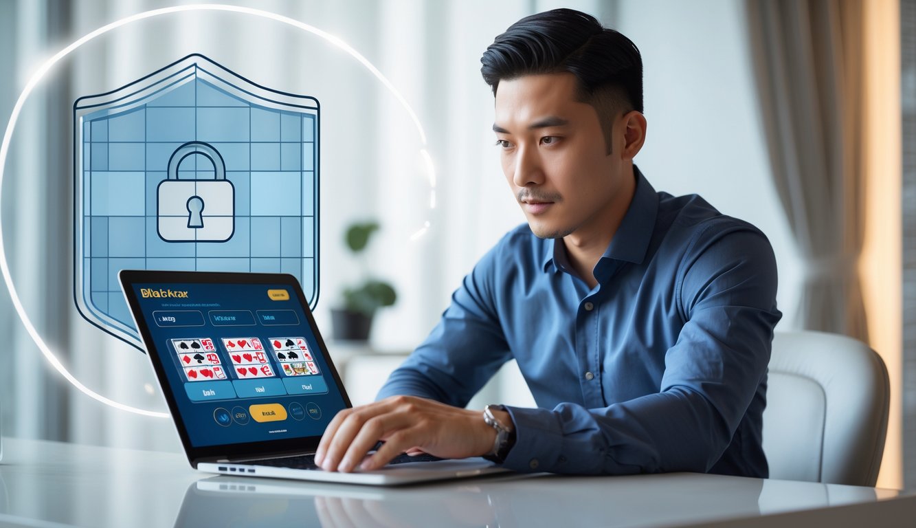 Seorang pria Asia Tenggara duduk di depan laptop yang menampilkan permainan blackjack online dengan latar belakang simbol keamanan digital.