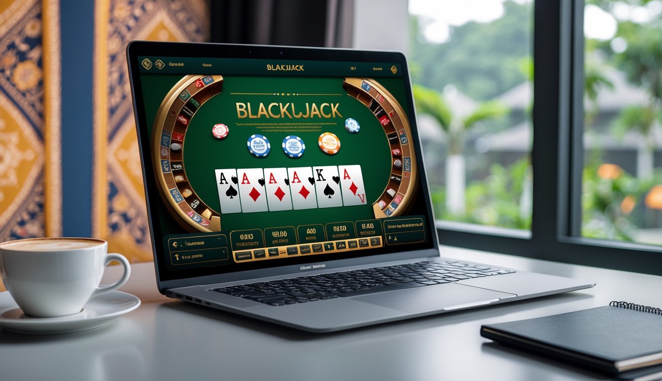 Seorang pengguna sedang bermain blackjack online di komputer dengan latar belakang elemen budaya Indonesia.