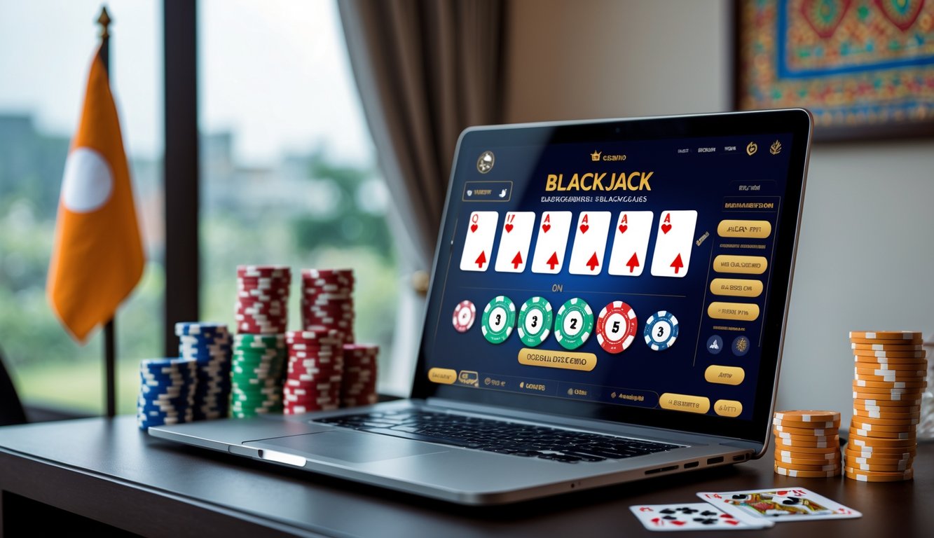 Seorang pria duduk di depan laptop dengan permainan blackjack online, dikelilingi chip poker dan kartu remi, dengan latar belakang elemen budaya Indonesia.