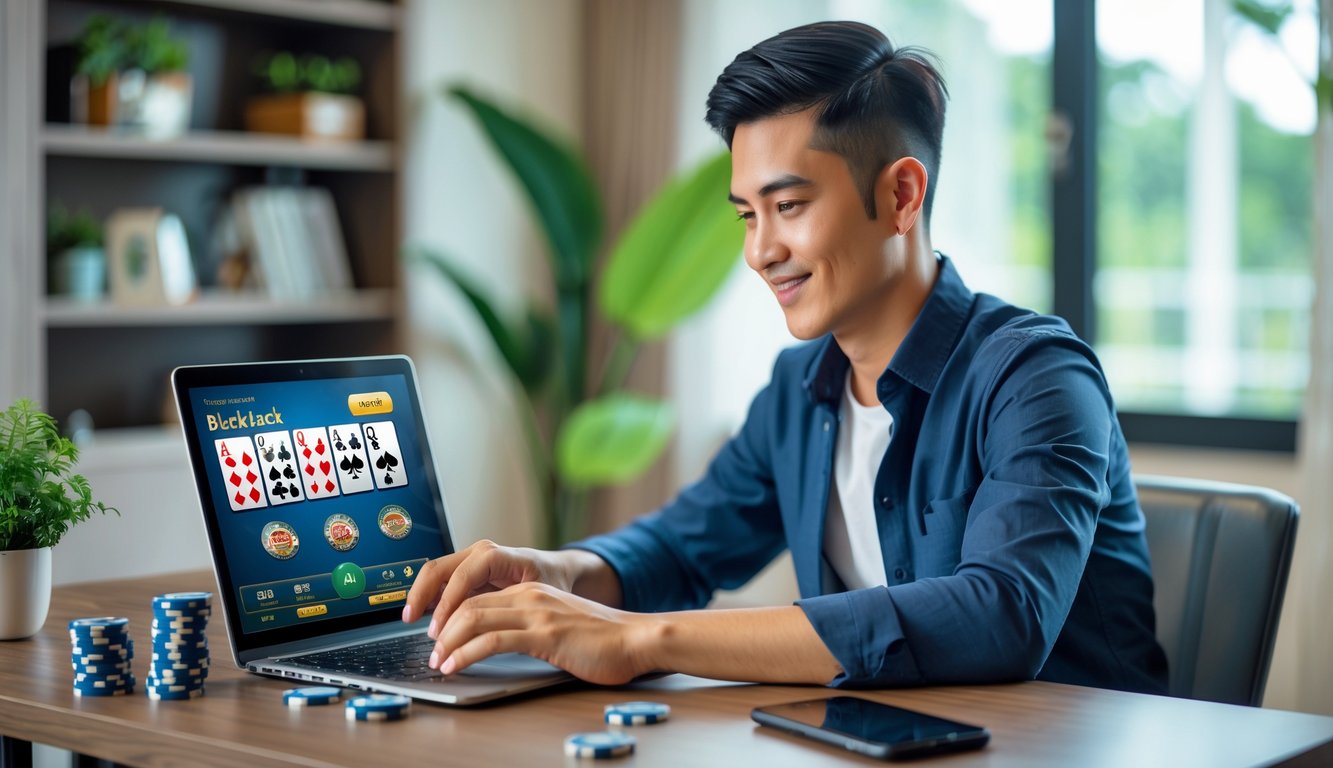 Seorang pria muda Indonesia duduk di meja dengan laptop, bermain blackjack online dengan kartu dan chip terlihat di layar.