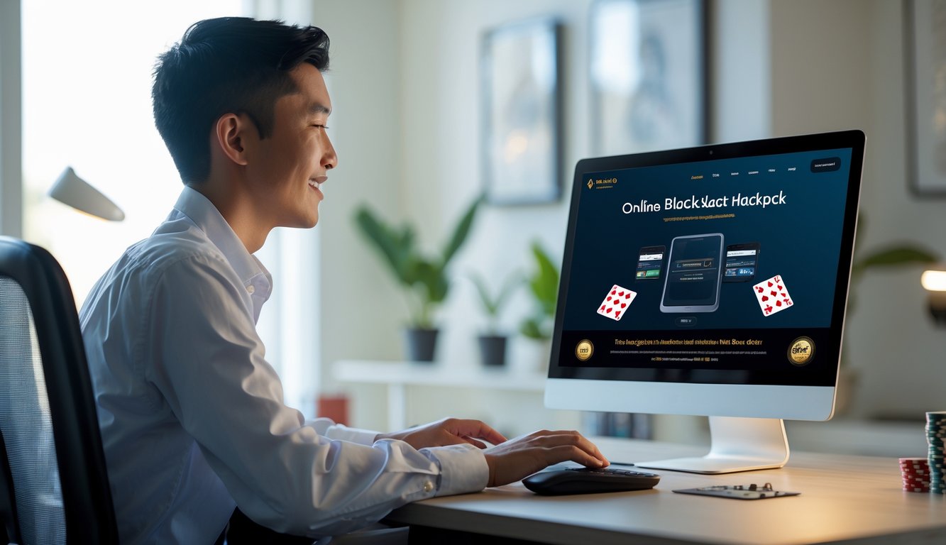 Seorang dewasa muda Indonesia duduk di meja dengan laptop, fokus bermain blackjack online di lingkungan kantor rumah yang rapi.