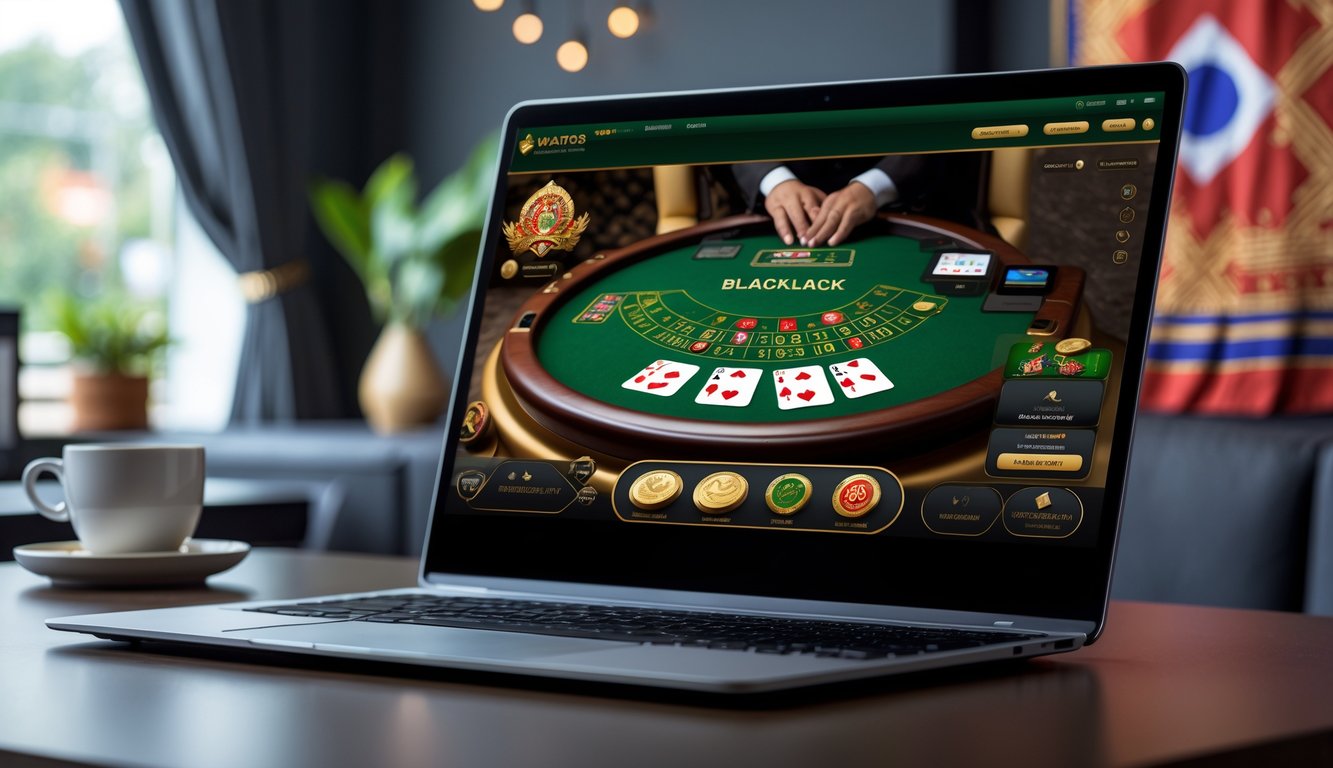 Seseorang bermain blackjack online di komputer dengan latar belakang elemen budaya Indonesia.