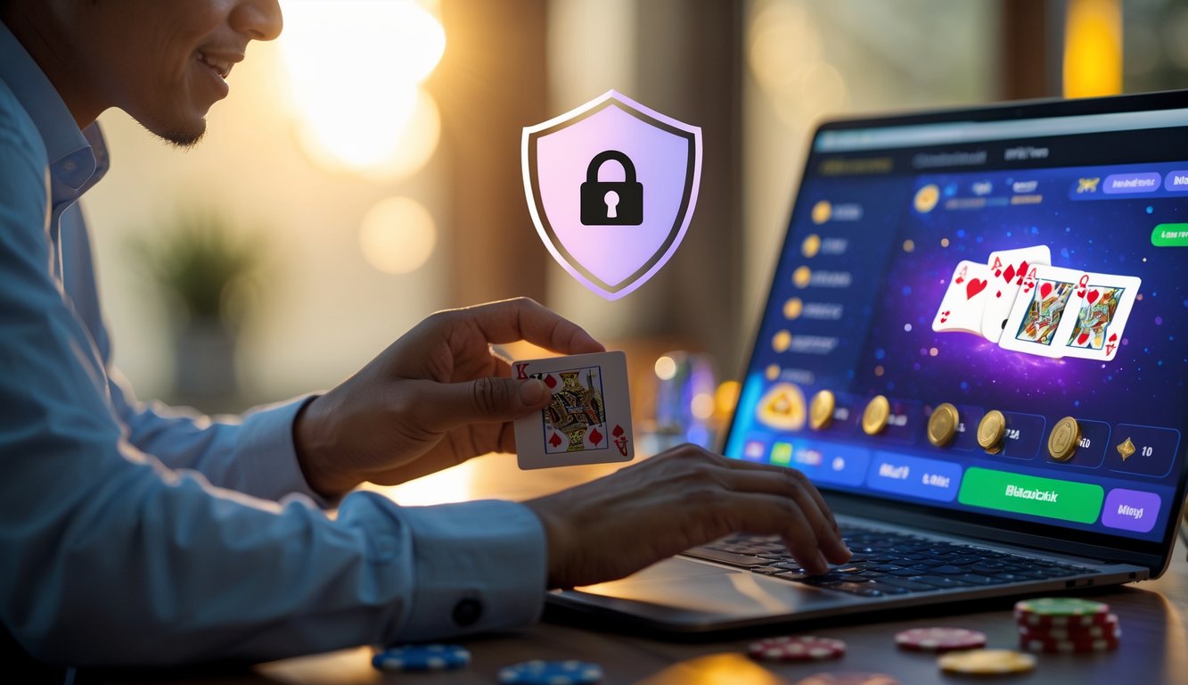 Seorang pemain fokus bermain blackjack online di depan laptop dengan kartu dan chip di meja, suasana terang dan nyaman.