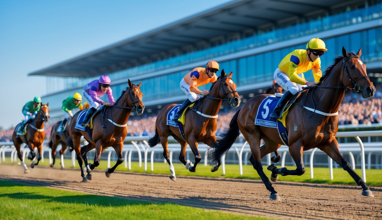 Beberapa kuda pacu dengan joki sedang berlari kencang di lintasan balap dengan tribun penonton di latar belakang.