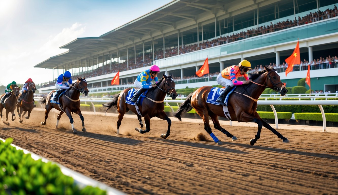 Beberapa kuda pacu dengan joki berwarna-warni sedang berlari cepat di lintasan balap, dengan tribun penonton yang penuh di latar belakang.
