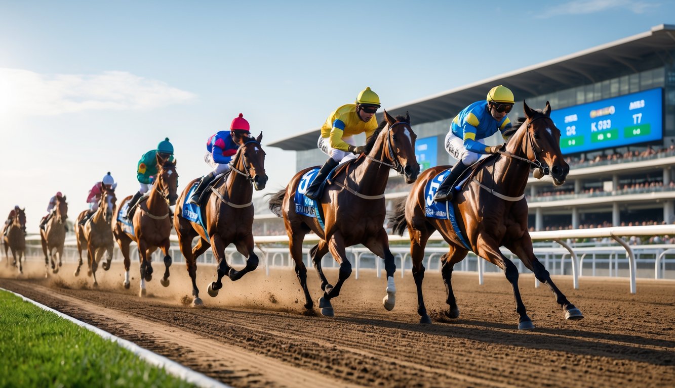Beberapa kuda pacu dengan joki sedang berlari cepat di lintasan balap kuda dengan tribun penonton di latar belakang.