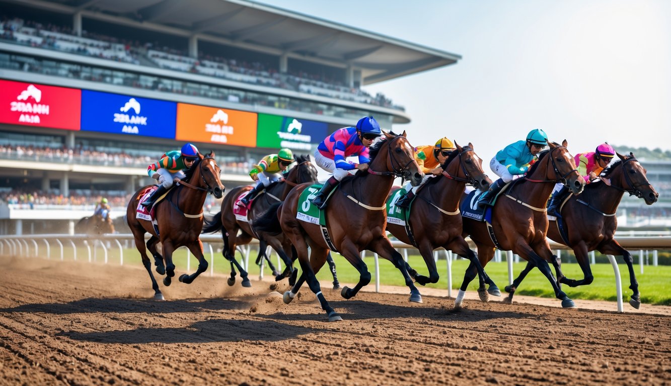 Beberapa kuda pacuan dengan joki sedang berlari kencang di lintasan balap dengan tribun penonton di latar belakang.
