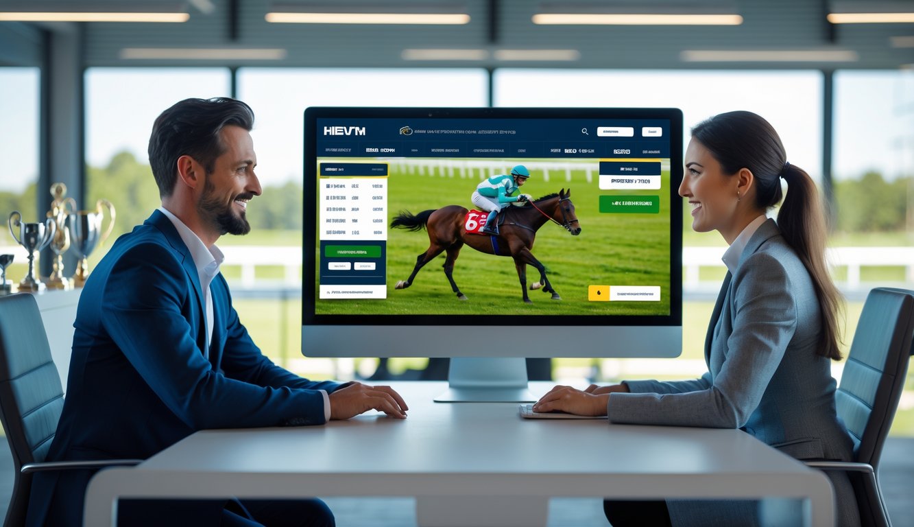 Seorang pria dan wanita duduk di depan komputer di kantor modern, melihat layar dengan tampilan balap kuda online.